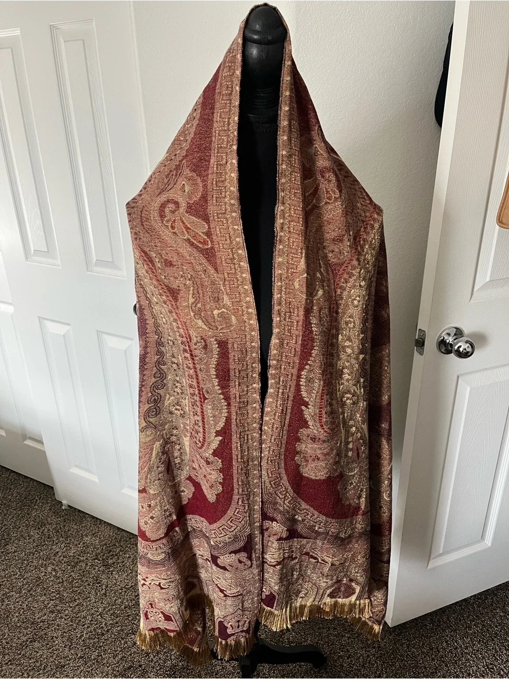 Vintage Paisley Fringe Scarf Shawl Wrap – Burgundy, Gold & Tan